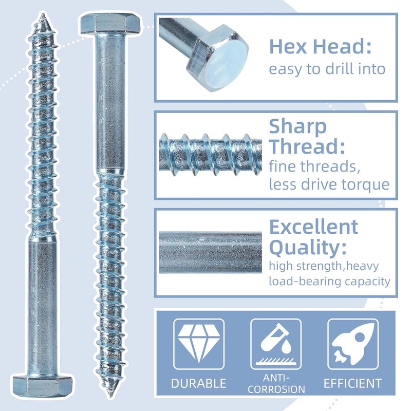 AiVeUao 100 Pack Wood Lag Screws, 3/8" x 5" Hex Head Lag Bolts, Heavy Duty Hex Head Lag Screws, Wood Screw with Washers - Image 3